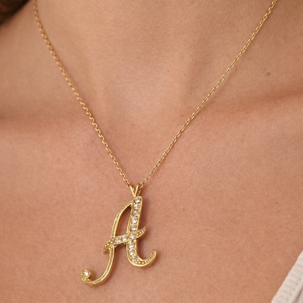 Gold Rhinestone Script A Initial Pendant Necklace